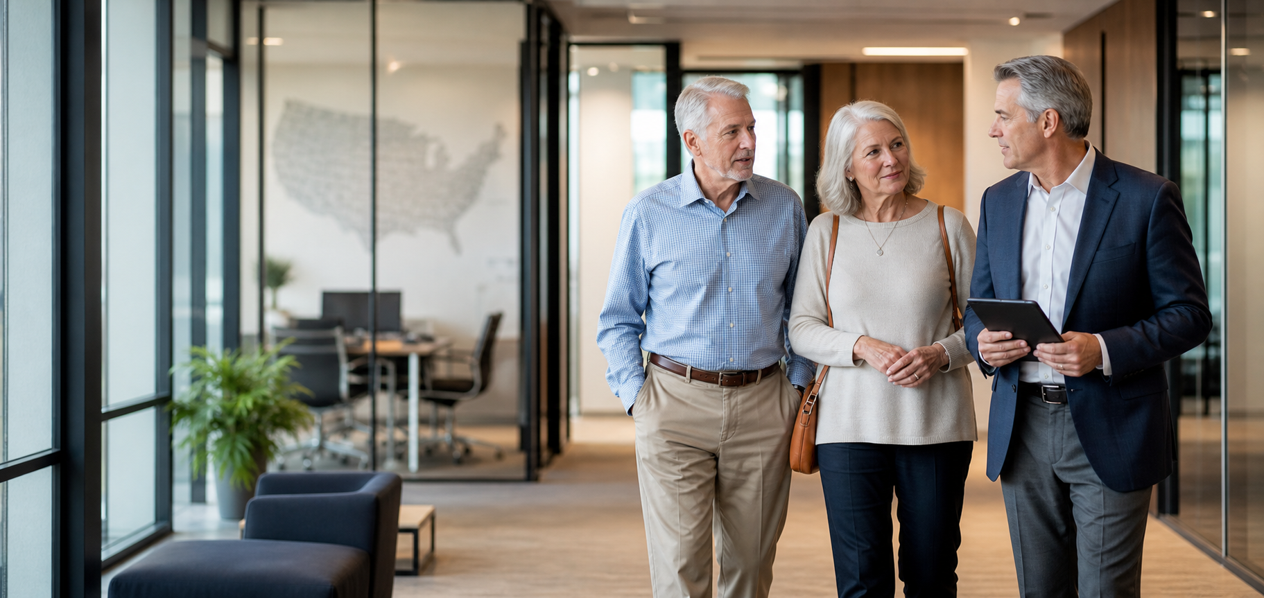 Insurance broker walking through an office with a retired couple