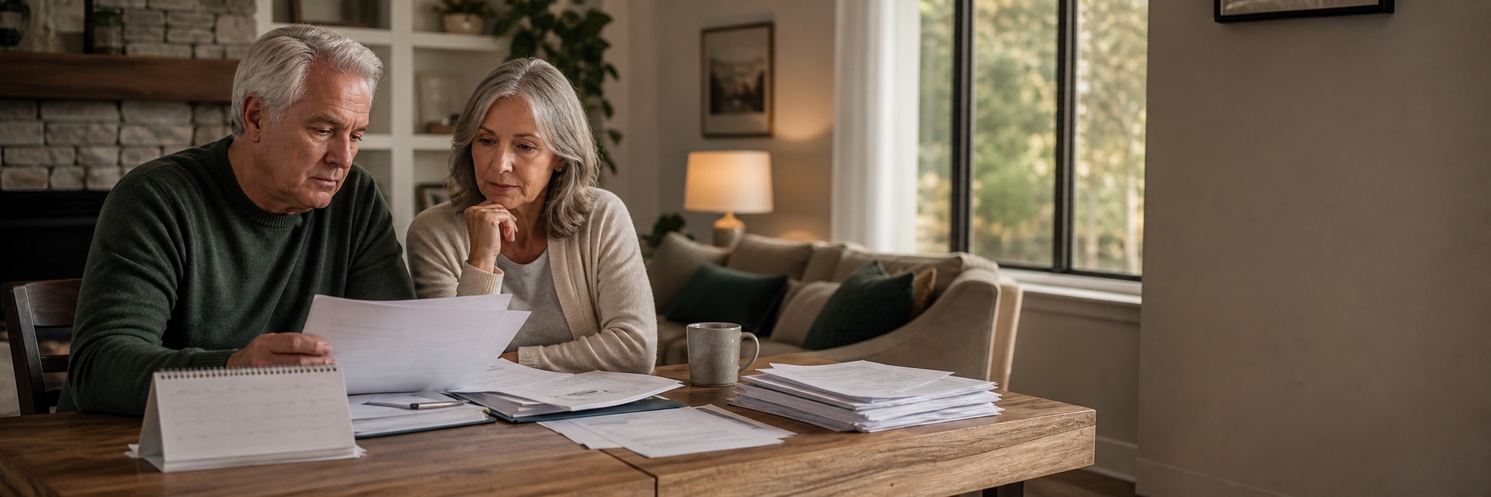 Retired couple reviewing household retirement papers at home