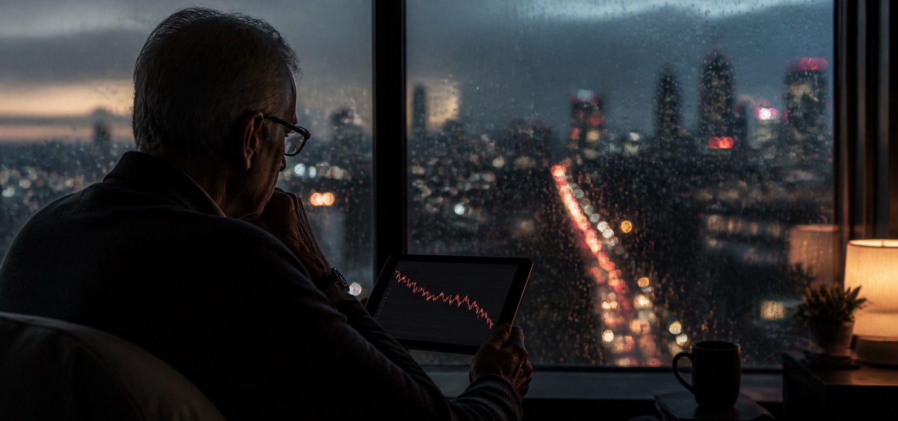 Retiree looking at a market chart during a rainy evening