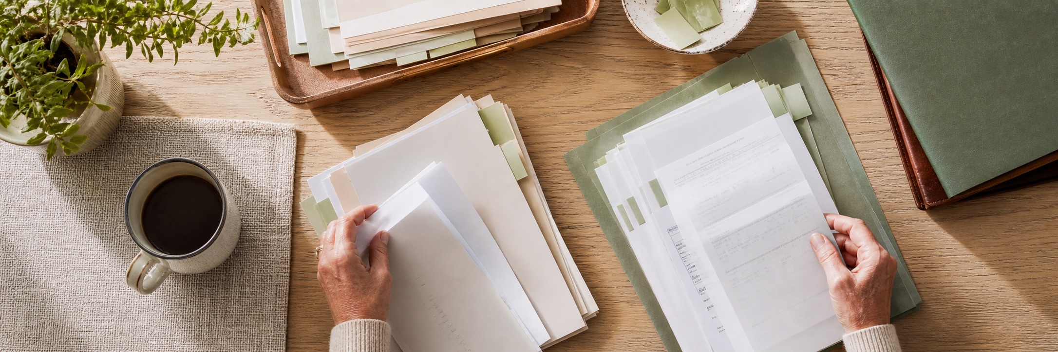 Retirement paperwork sorted into folders on a table