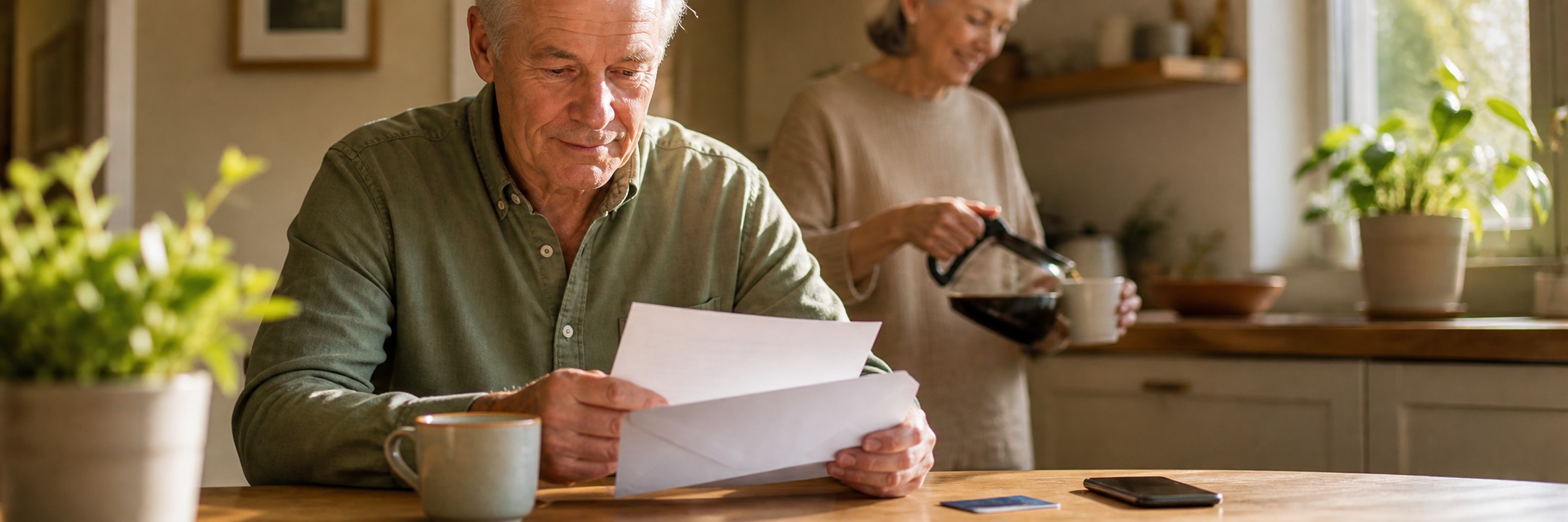 Retired person opening mail at a sunny breakfast table