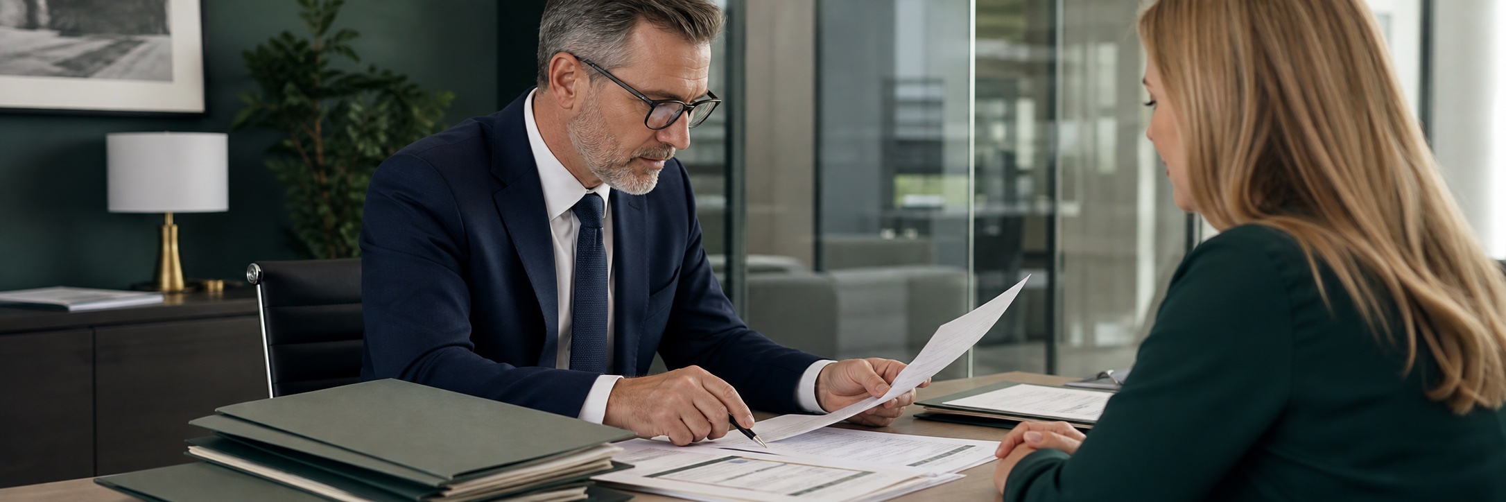Broker reviewing contract paperwork with a client