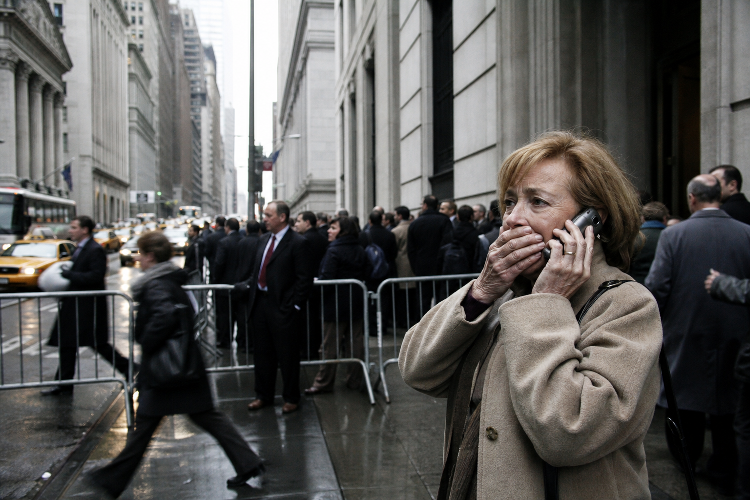 Woman on a phone outside a crowded New York financial district building during the 2008 crisis.